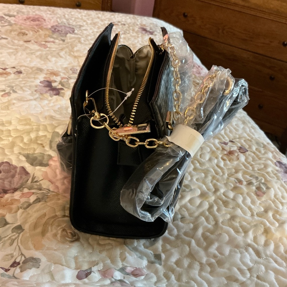 Bebe Gray/Black  Satchel with Monogram Pattern and Glossy Finish - Picture 11 of 12